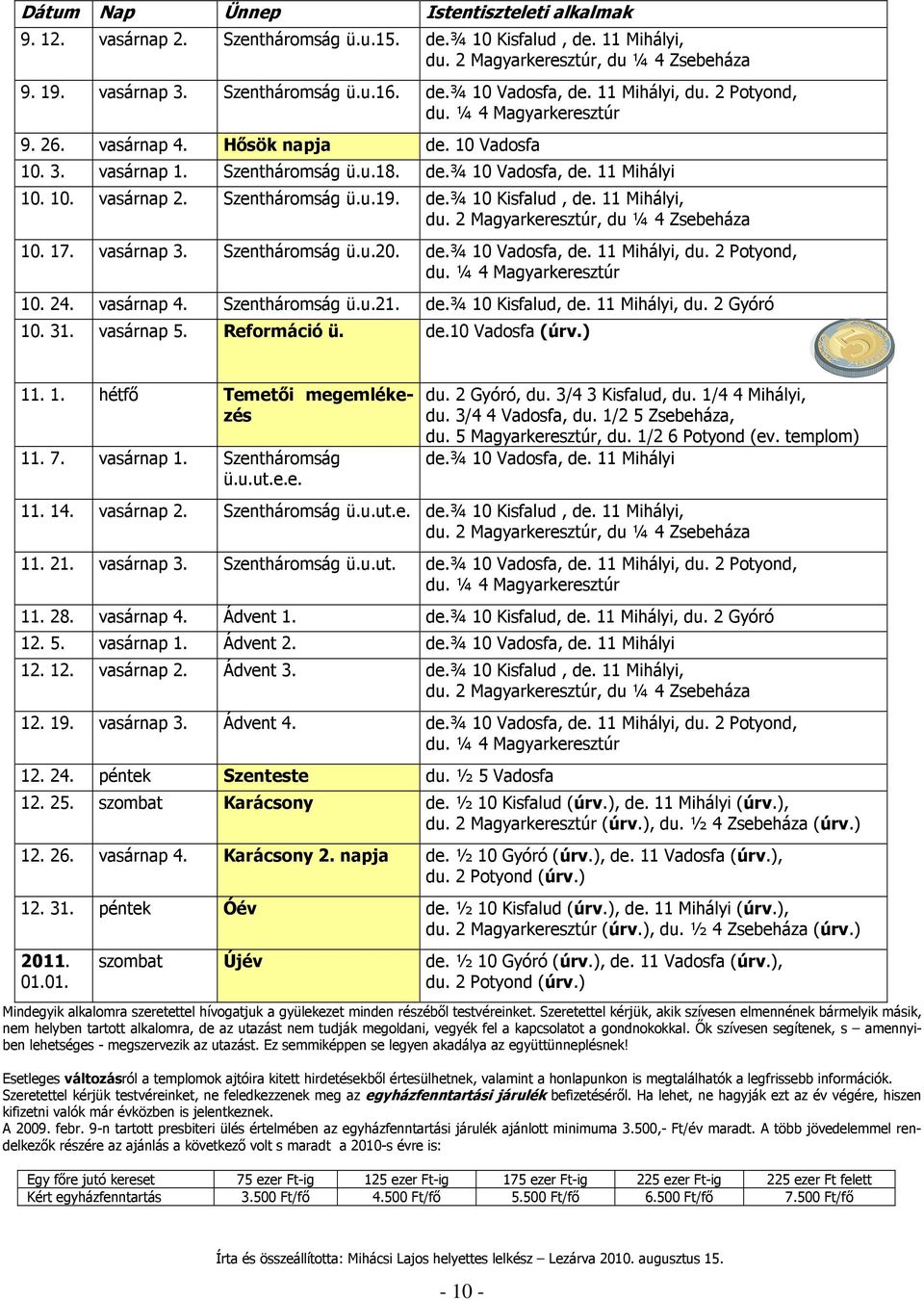Szentháromság ü.u.19. de.¾ 10 Kisfalud, de. 11 Mihályi, du. 2 Magyarkeresztúr, du ¼ 4 Zsebeháza 10. 17. vasárnap 3. Szentháromság ü.u.20. de.¾ 10 Vadosfa, de. 11 Mihályi, du. 2 Potyond, du.