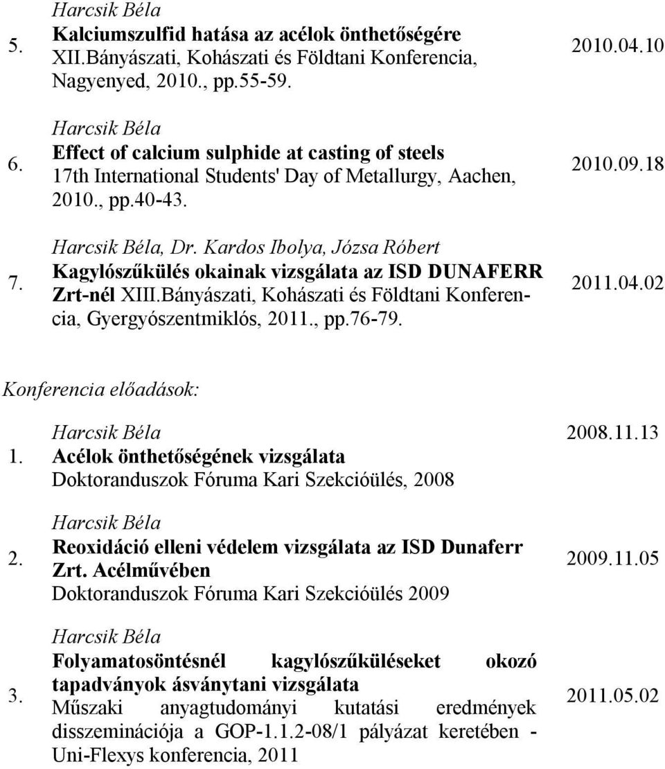 Kardos Ibolya, Józsa Róbert Kagylószűkülés okainak vizsgálata az ISD DUNAFERR Zrt-nél XIII.Bányászati, Kohászati és Földtani Konferencia, Gyergyószentmiklós, 2011., pp.76-79. 2010.04.10 2010.09.