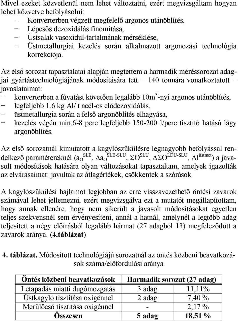 Az első sorozat tapasztalatai alapján megtettem a harmadik méréssorozat adagjai gyártástechnológiájának módosítására tett 140 tonnára vonatkoztatott javaslataimat: konverterben a fúvatást követően