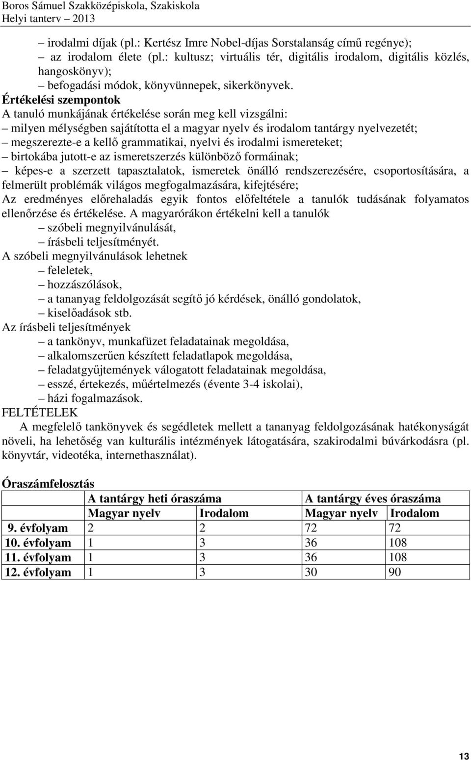 Értékelési szempontok A tanuló munkájának értékelése során meg kell vizsgálni: milyen mélységben sajátította el a magyar nyelv és irodalom tantárgy nyelvezetét; megszerezte-e a kellő grammatikai,