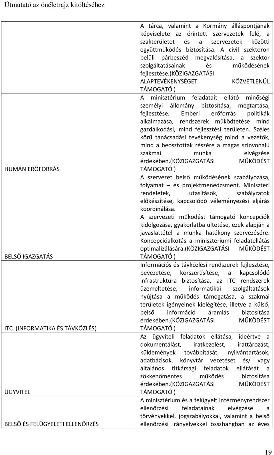 (közigazgatási ALAPTEVÉKENYSÉGET KÖZVETLENÜL TÁMOGATÓ ) A minisztérium feladatait ellátó minőségi személyi állomány biztosítása, megtartása, fejlesztése.