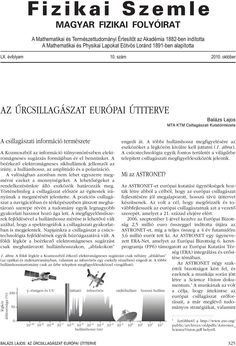 október AZ ÛRCSILLAGÁSZAT EURÓPAI ÚTITERVE Balázs Lajos MTA KTM Csillagászati Kutatóintézete A csillagászati információ természete A Kozmoszból az információ túlnyomórészben elektromágneses sugárzás