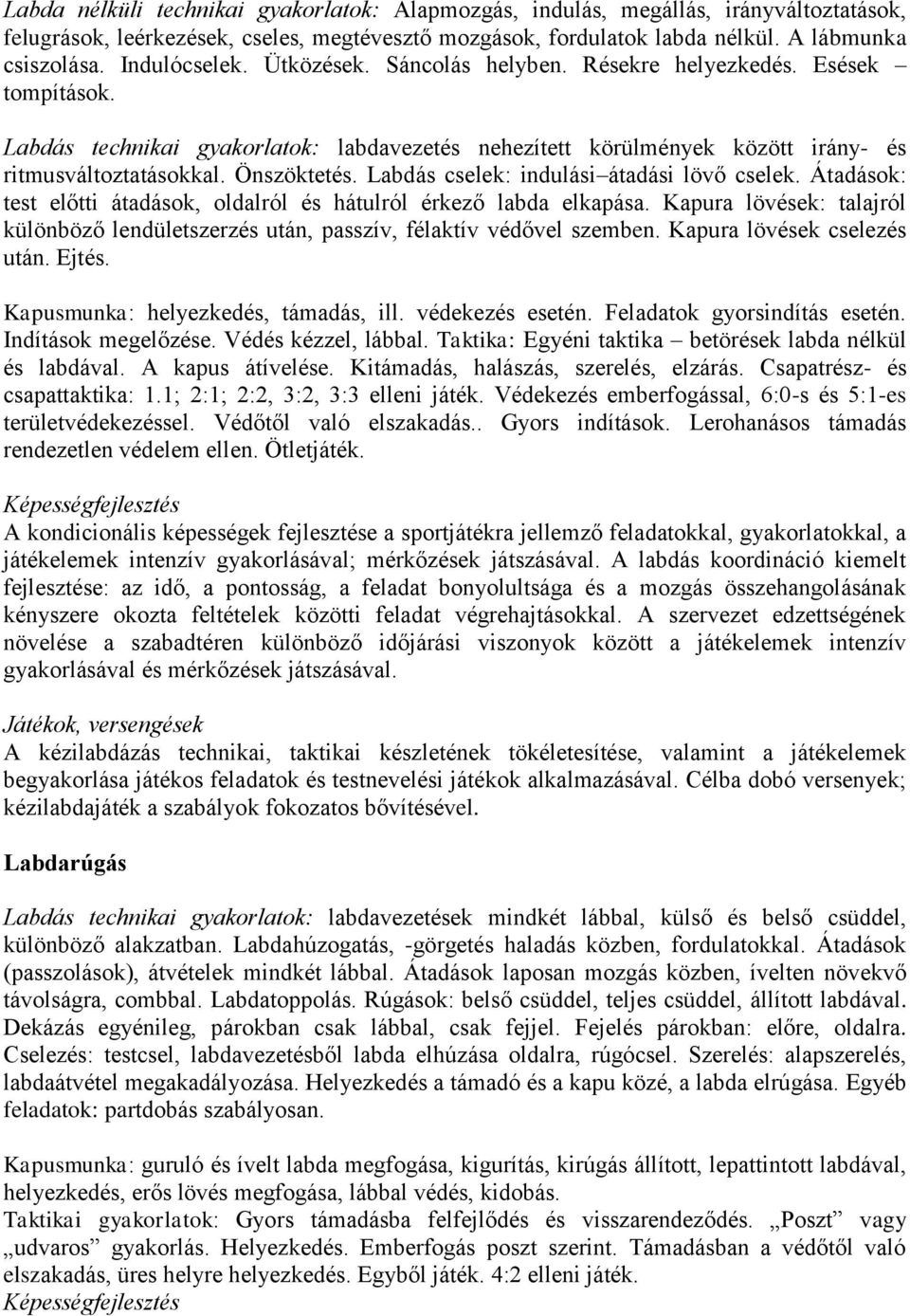 Önszöktetés. Labdás cselek: indulási átadási lövő cselek. Átadások: test előtti átadások, oldalról és hátulról érkező labda elkapása.