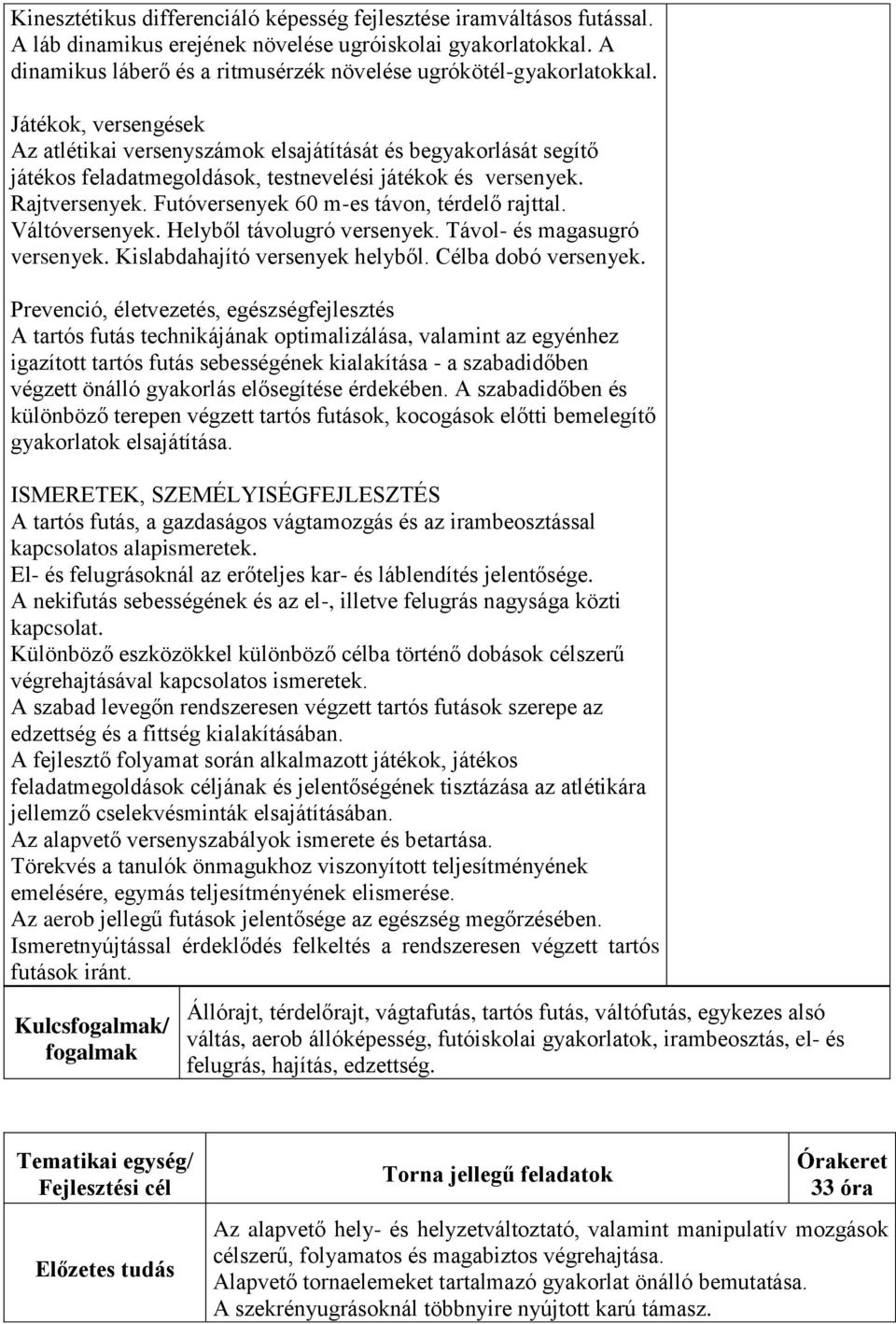 Játékok, versengések Az atlétikai versenyszámok elsajátítását és begyakorlását segítő játékos feladatmegoldások, testnevelési játékok és versenyek. Rajtversenyek.