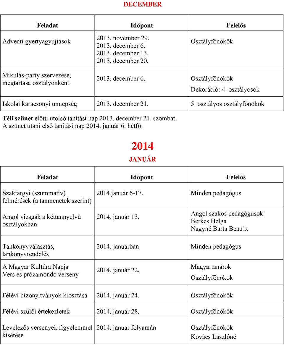 január 6. hétfő. 2014 JANUÁR Szaktárgyi (szummatív) felmérések (a tanmenetek szerint) Angol vizsgák a kéttannyelvű osztályokban 2014.január 6-17. 2014. január 13.