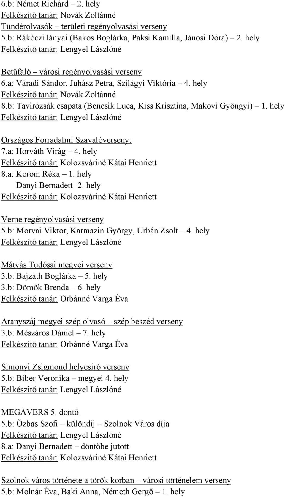 b: Tavirózsák csapata (Bencsik Luca, Kiss Krisztina, Makovi Gyöngyi) 1. hely Országos Forradalmi Szavalóverseny: 7.a: Horváth Virág 4. hely Felkészítő tanár: Kolozsváriné Kátai Henriett 8.