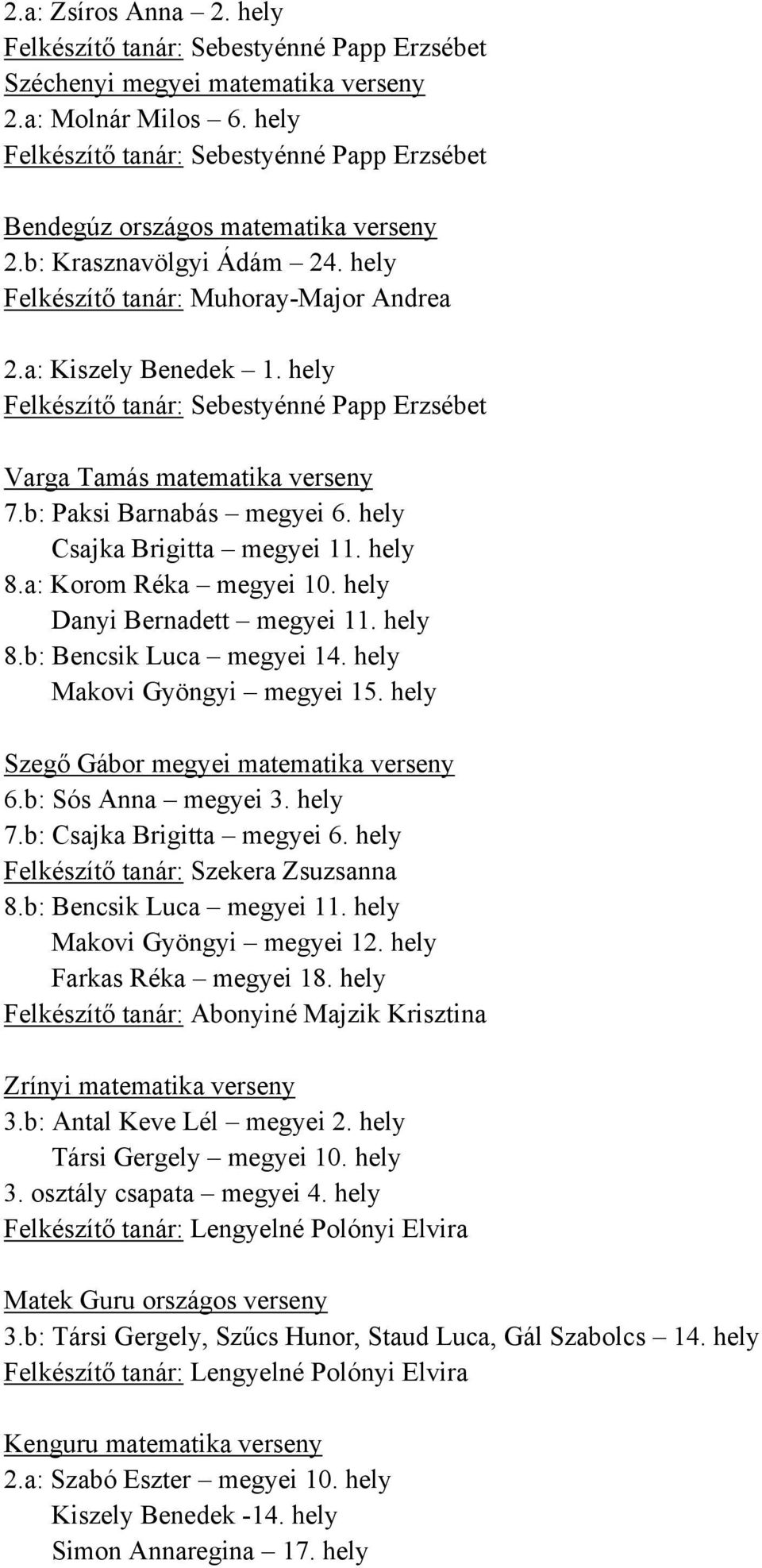 hely Felkészítő tanár: Sebestyénné Papp Erzsébet Varga Tamás matematika verseny 7.b: Paksi Barnabás megyei 6. hely Csajka Brigitta megyei 11. hely 8.a: Korom Réka megyei 10.