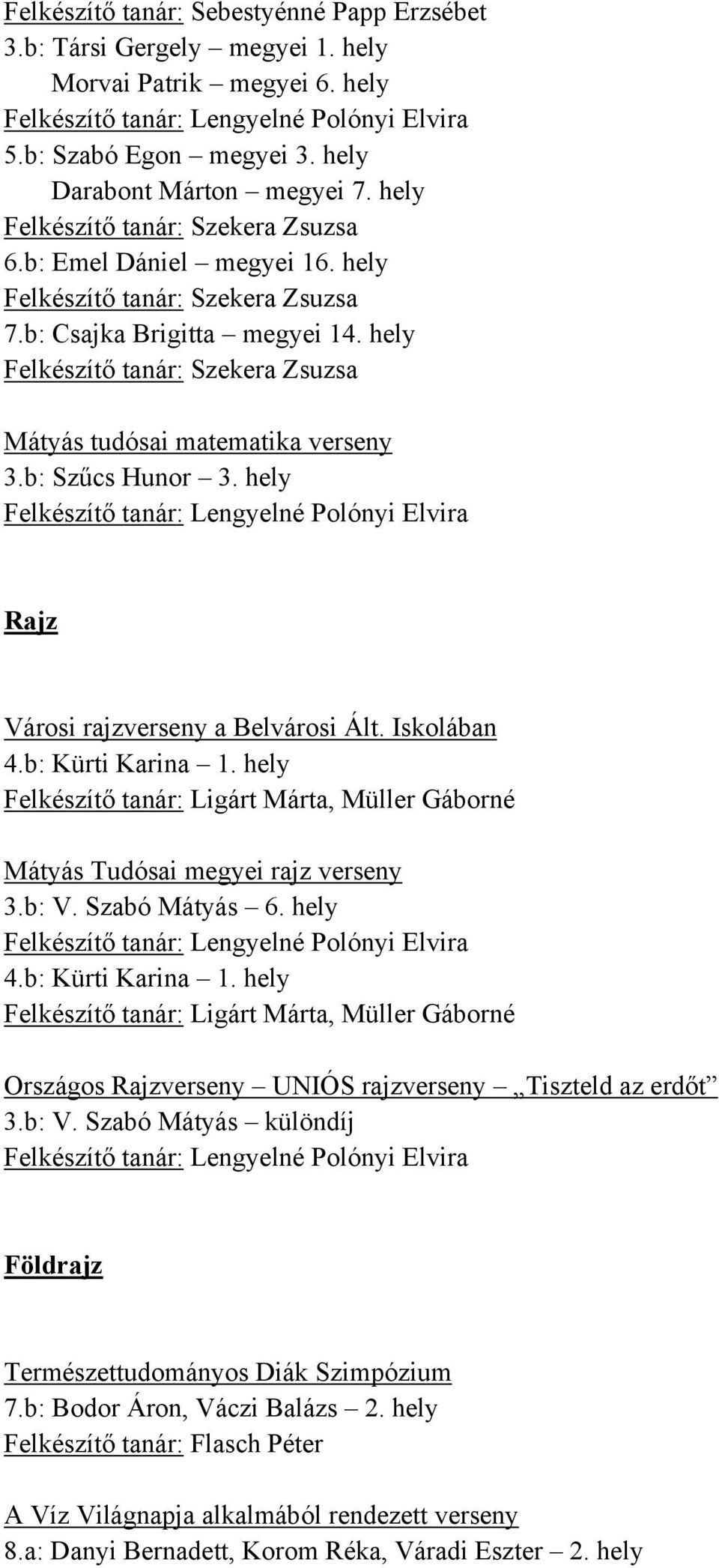 hely Felkészítő tanár: Szekera Zsuzsa Mátyás tudósai matematika verseny 3.b: Szűcs Hunor 3. hely Rajz Városi rajzverseny a Belvárosi Ált. Iskolában 4.b: Kürti Karina 1.