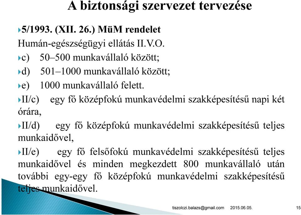 II/c) egy fő középfokú munkavédelmi szakképesítésű napi két órára, II/d) egy fő középfokú munkavédelmi szakképesítésű teljes