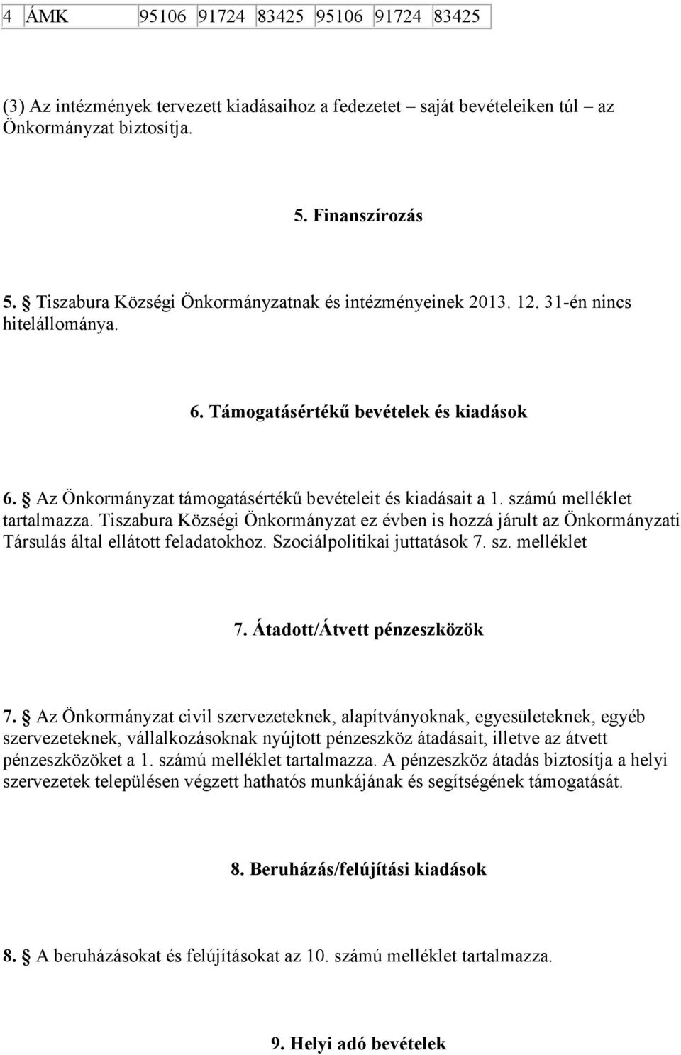 számú melléklet tartalmazza. Tiszabura Községi Önkormányzat ez évben is hozzá járult az Önkormányzati Társulás által ellátott feladatokhoz. Szociálpolitikai juttatások 7. sz. melléklet 7.