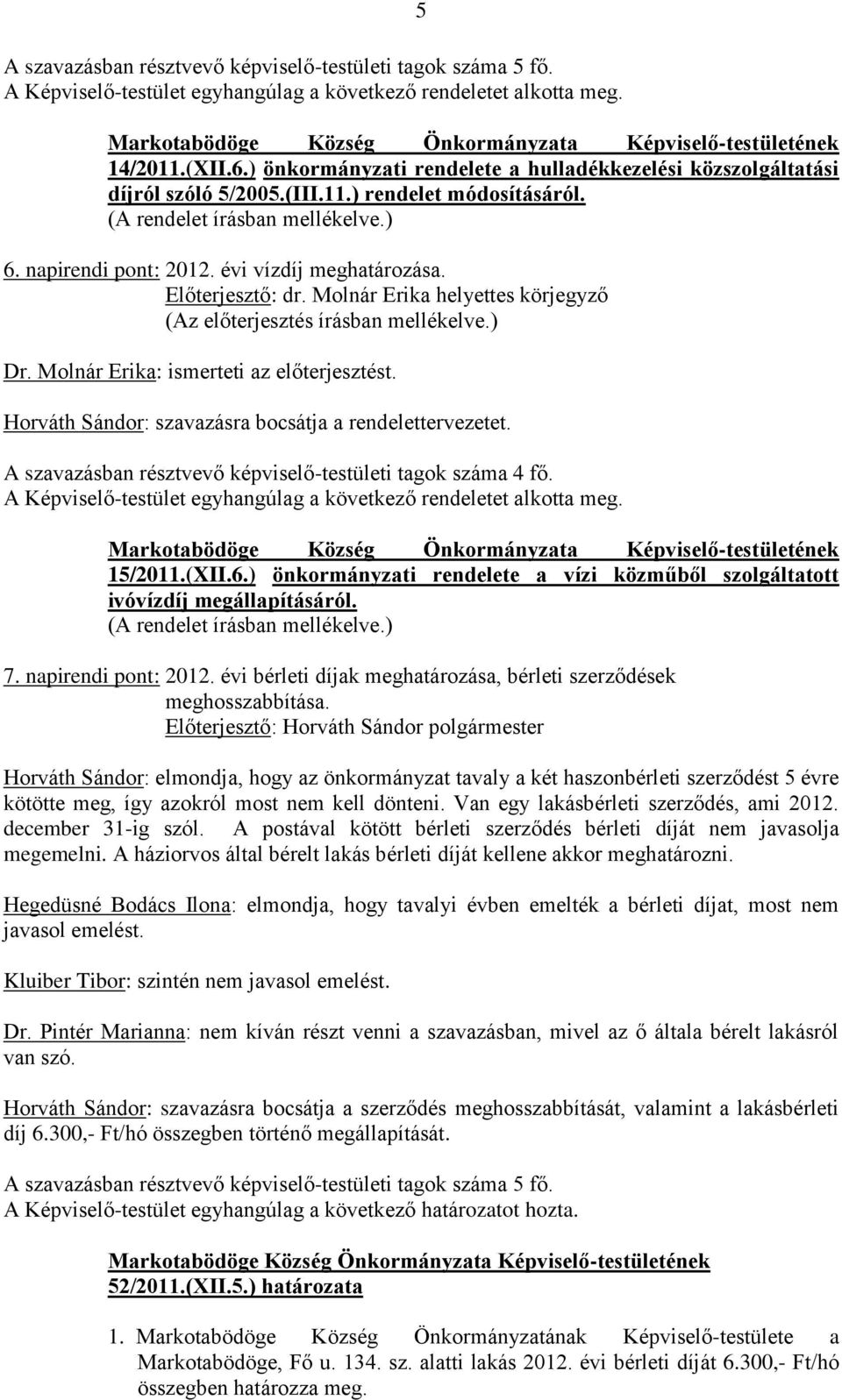 A szavazásban résztvevő képviselő-testületi tagok száma 4 fő. A Képviselő-testület egyhangúlag a következő rendeletet alkotta meg. 15/2011.(XII.6.