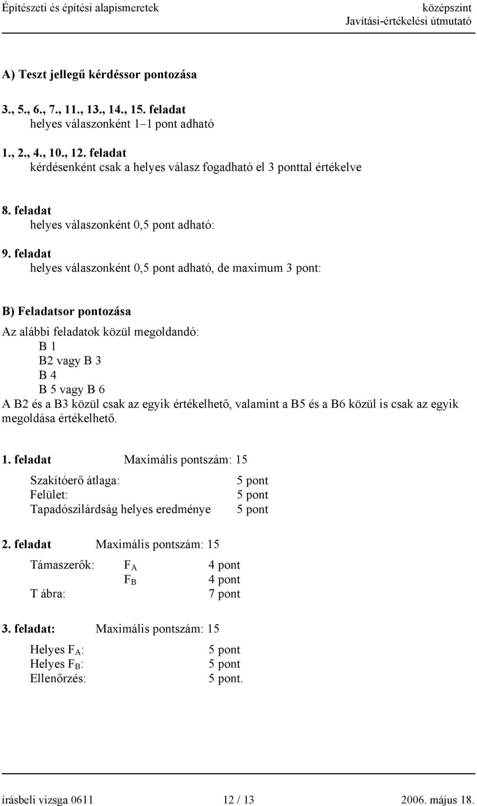 feladat helyes válaszonként 0,5 pont adható, de maximum : B) Feladatsor pontozása Az alábbi feladatok közül megoldandó: B 1 B2 vagy B 3 B 4 B 5 vagy B 6 A B2 és a B3 közül csak az egyik értékelhető,