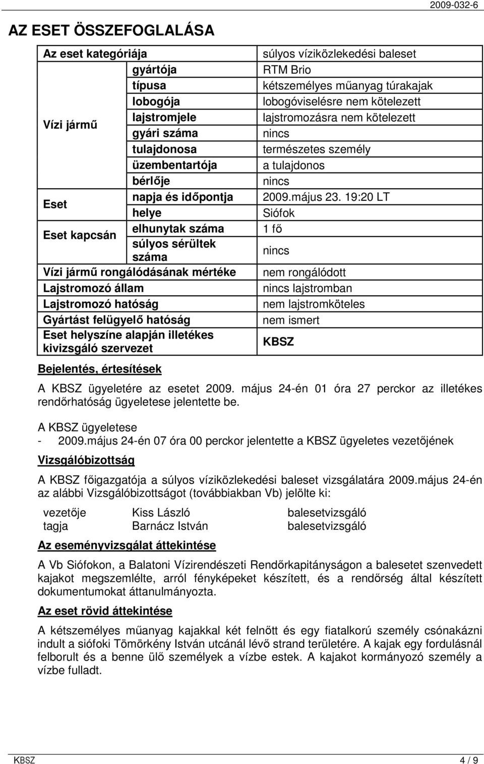 súlyos víziközlekedési baleset RTM Brio kétszemélyes mőanyag túrakajak lobogóviselésre nem kötelezett lajstromozásra nem kötelezett nincs természetes személy a tulajdonos nincs 2009.május 23.