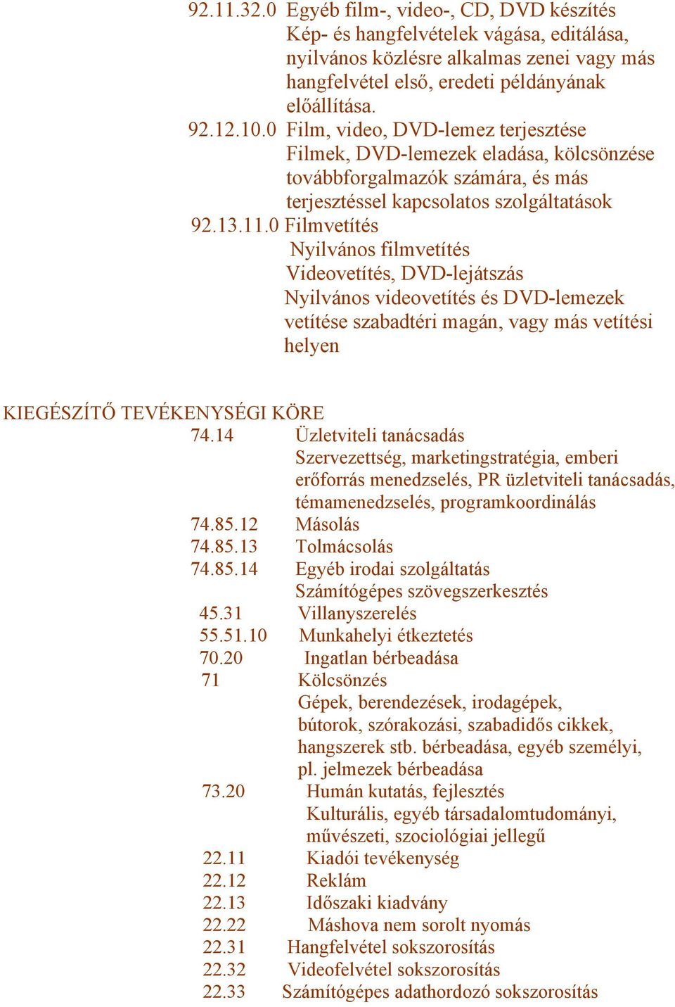 0 Filmvetítés Nyilvános filmvetítés Videovetítés, DVD-lejátszás Nyilvános videovetítés és DVD-lemezek vetítése szabadtéri magán, vagy más vetítési helyen KIEGÉSZÍTŐ TEVÉKENYSÉGI KÖRE 74.