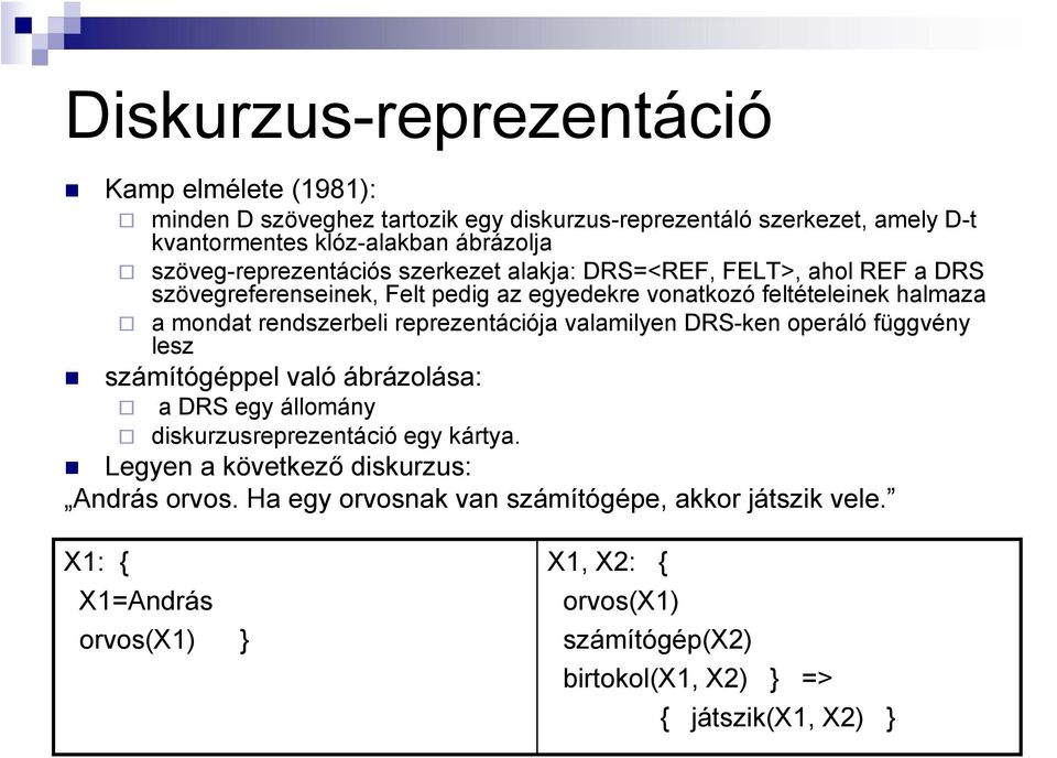 rendszerbeli reprezentációja valamilyen DRS-ken operáló függvény lesz számítógéppel való ábrázolása: a DRS egy állomány diskurzusreprezentáció egy kártya.