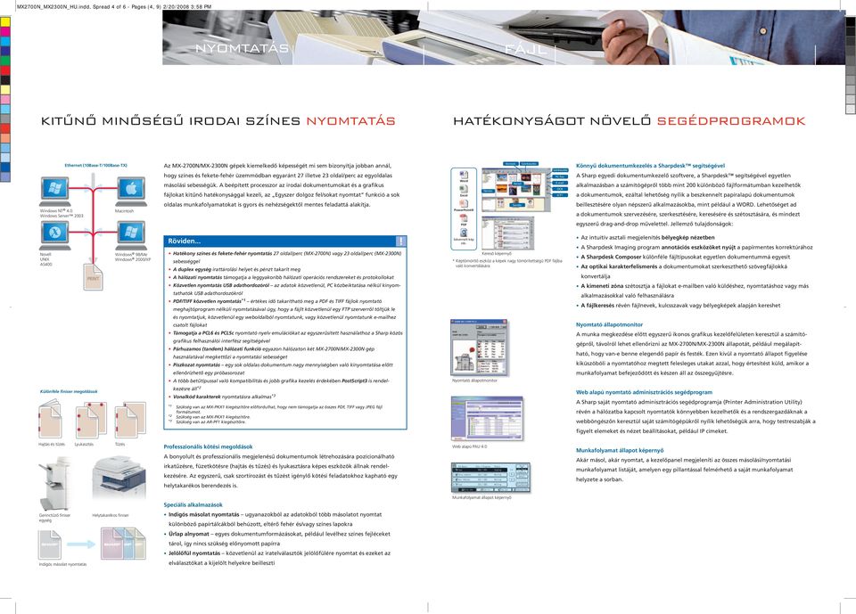 (10Base-T/100Base-TX) Az MX-2700N/MX-2300N gépek kiemelkedő képességét mi sem bizonyítja jobban annál, hogy színes és fekete-fehér üzemmódban egyaránt 27 illetve 23 oldal/perc az egyoldalas másolási