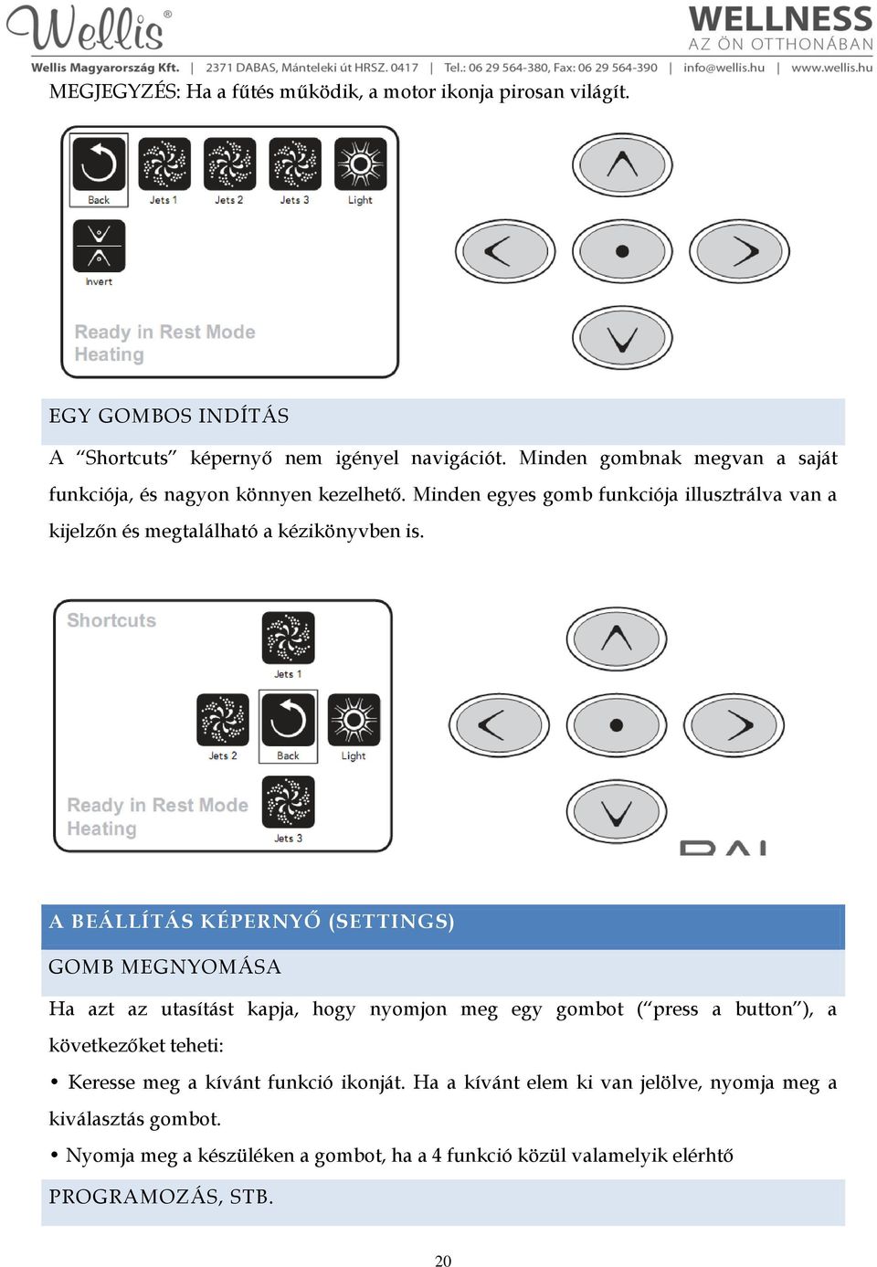 Minden egyes gomb funkciója illusztrálva van a kijelzőn és megtalálható a kézikönyvben is.