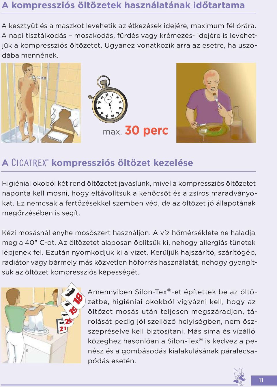 30 perc A kompressziós öltözet kezelése Higiéniai okoból két rend öltözetet javaslunk, mivel a kompressziós öltözetet naponta kell mosni, hogy eltávolítsuk a kenőcsöt és a zsíros maradványokat.