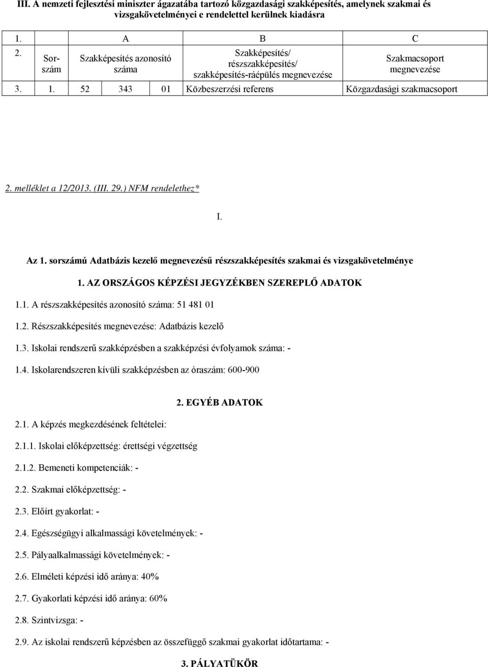 52 343 01 Közbeszerzési referens Közgazdasági szakmacsoport 2. melléklet a 12/2013. (III. 29.) NFM rendelethez* I. Az 1.