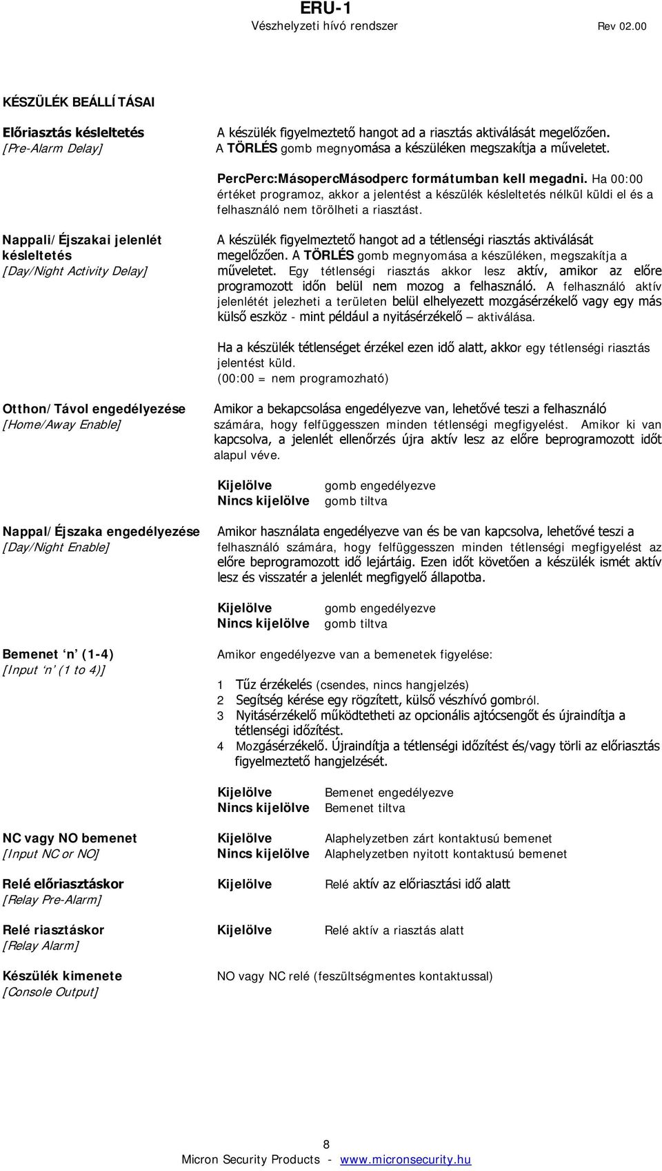 Nappali/Éjszakai jelenlét késleltetés [Day/Night Activity Delay] A készülék figyelmeztető hangot ad a tétlenségi riasztás aktiválását megelőzően.