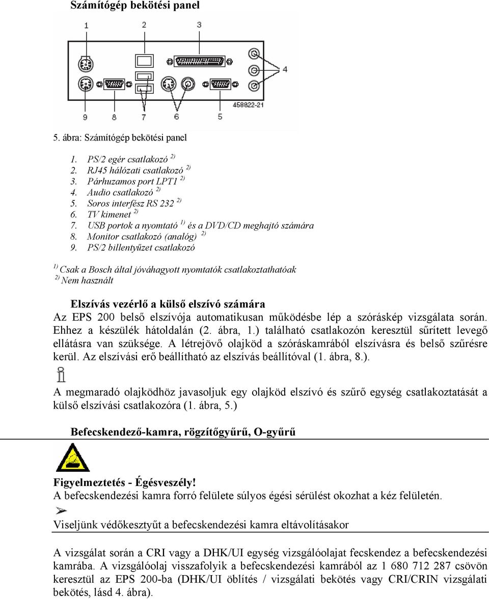 PS/2 billentyűzet csatlakozó 1) Csak a Bosch által jóváhagyott nyomtatók csatlakoztathatóak 2) Nem használt Elszívás vezérlő a külső elszívó számára Az EPS 200 belső elszívója automatikusan működésbe