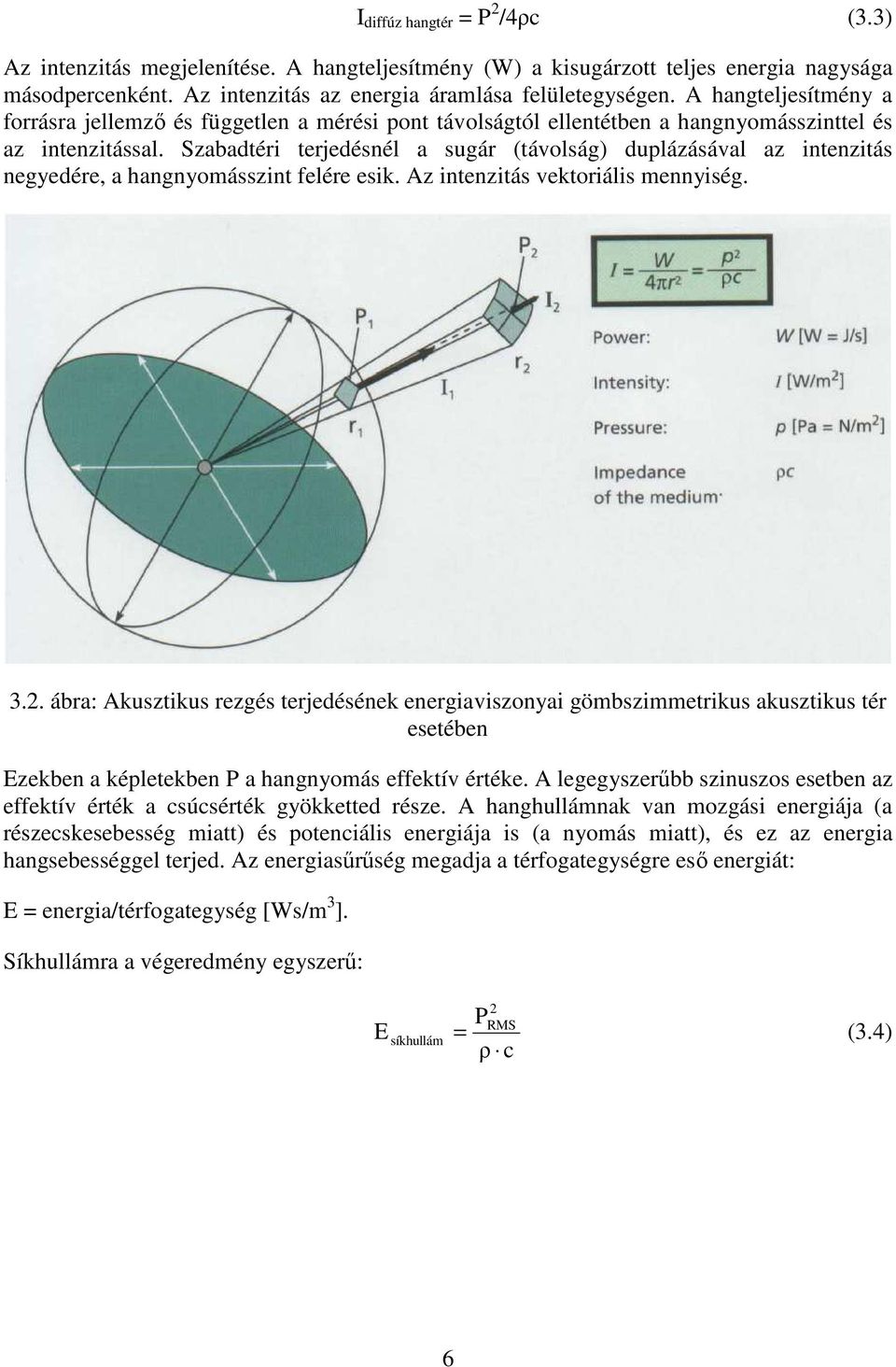 Szabadtéri terjedésnél a sugár (távolság) duplázásával az intenzitás negyedére, a hangnyomásszint felére esik. Az intenzitás vektoriális mennyiség. 3.2.