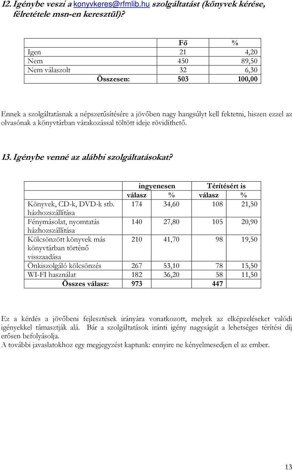 ideje rövidíthetı. 13. Igénybe venné az alábbi szolgáltatásokat? ingyenesen Térítésért is válasz % válasz % Könyvek, CD-k, DVD-k stb.