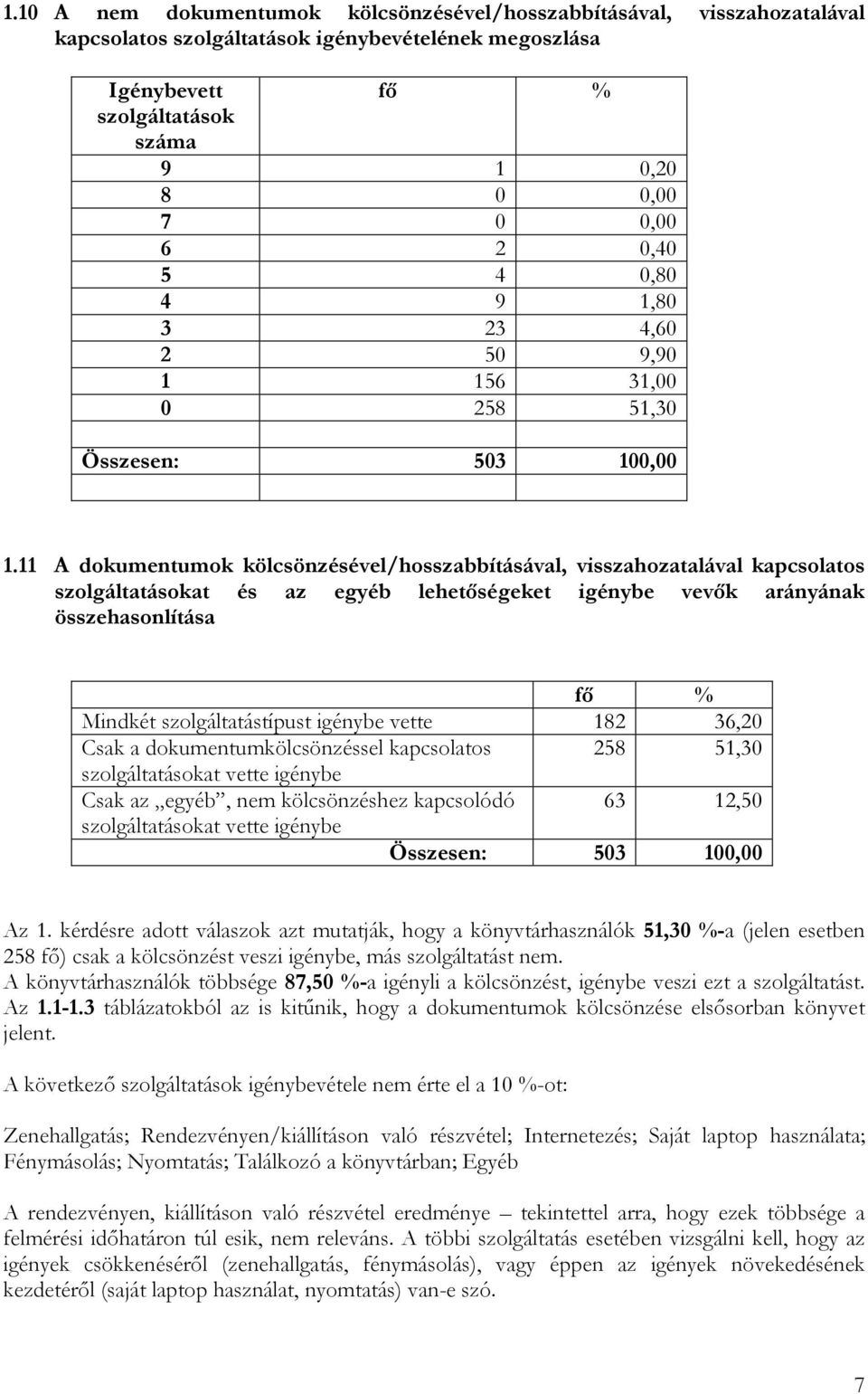 11 A dokumentumok kölcsönzésével/hosszabbításával, visszahozatalával kapcsolatos szolgáltatásokat és az egyéb lehetıségeket igénybe vevık arányának összehasonlítása Mindkét szolgáltatástípust igénybe
