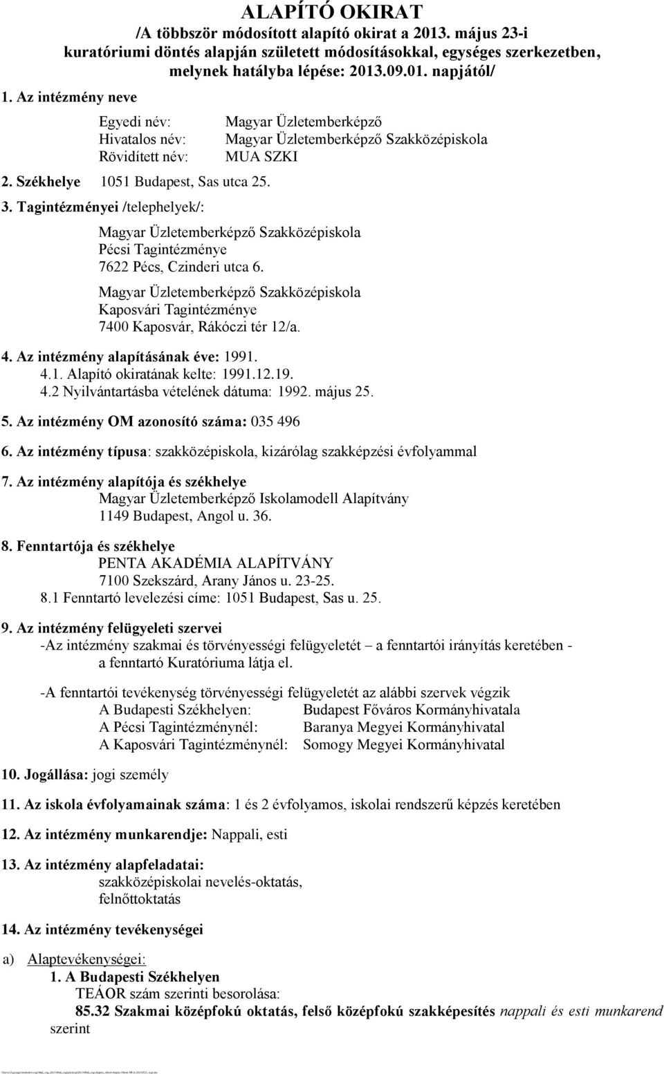 Tagintézményei /telephelyek/: Magyar Üzletemberképző Magyar Üzletemberképző Szakközépiskola MUA SZKI Magyar Üzletemberképző Szakközépiskola Pécsi Tagintézménye 7622 Pécs, Czinderi utca 6.