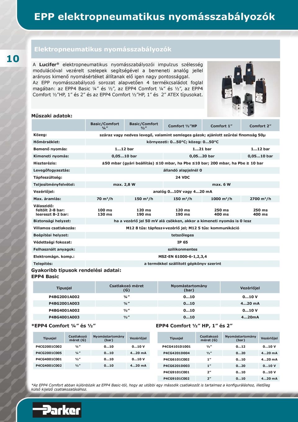 Az EPP nyomásszabályozó sorozat alapvetően 4 termékcsaládot foglal magában: az EPP4 Basic ¼ és ½, az EPP4 Comfort ¼ és ½, az EPP4 Comfort ½ HP, 1 és 2 és az EPP4 Comfort ½ HP, 1 és 2 ATEX típusokat.