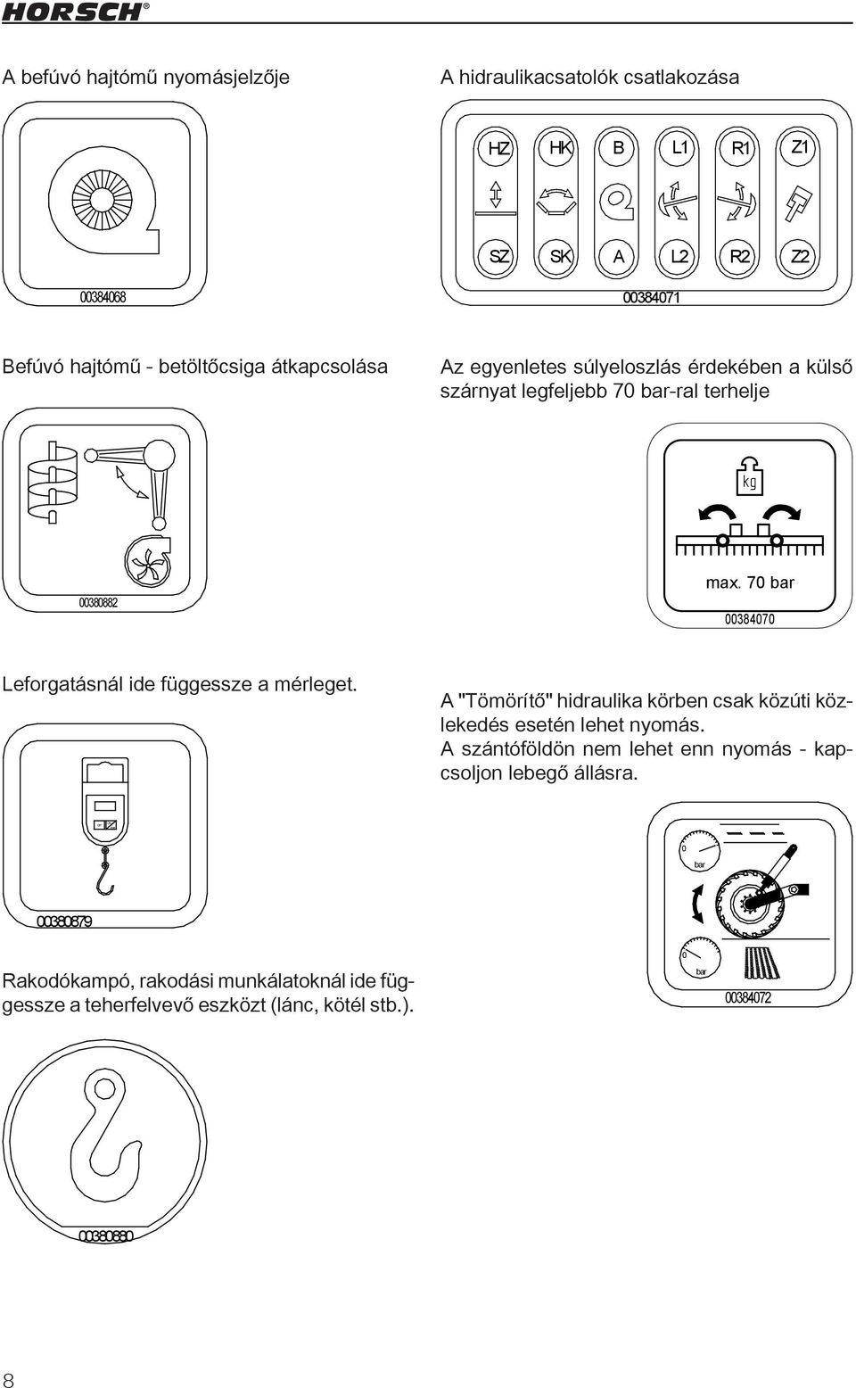 70 bar 00384070 Dateiname Entw. ed Leforgatásnál ide függessze a mérleget. A "Tömörítő" hidraulika körben csak közúti közlekedés esetén lehet nyomás.