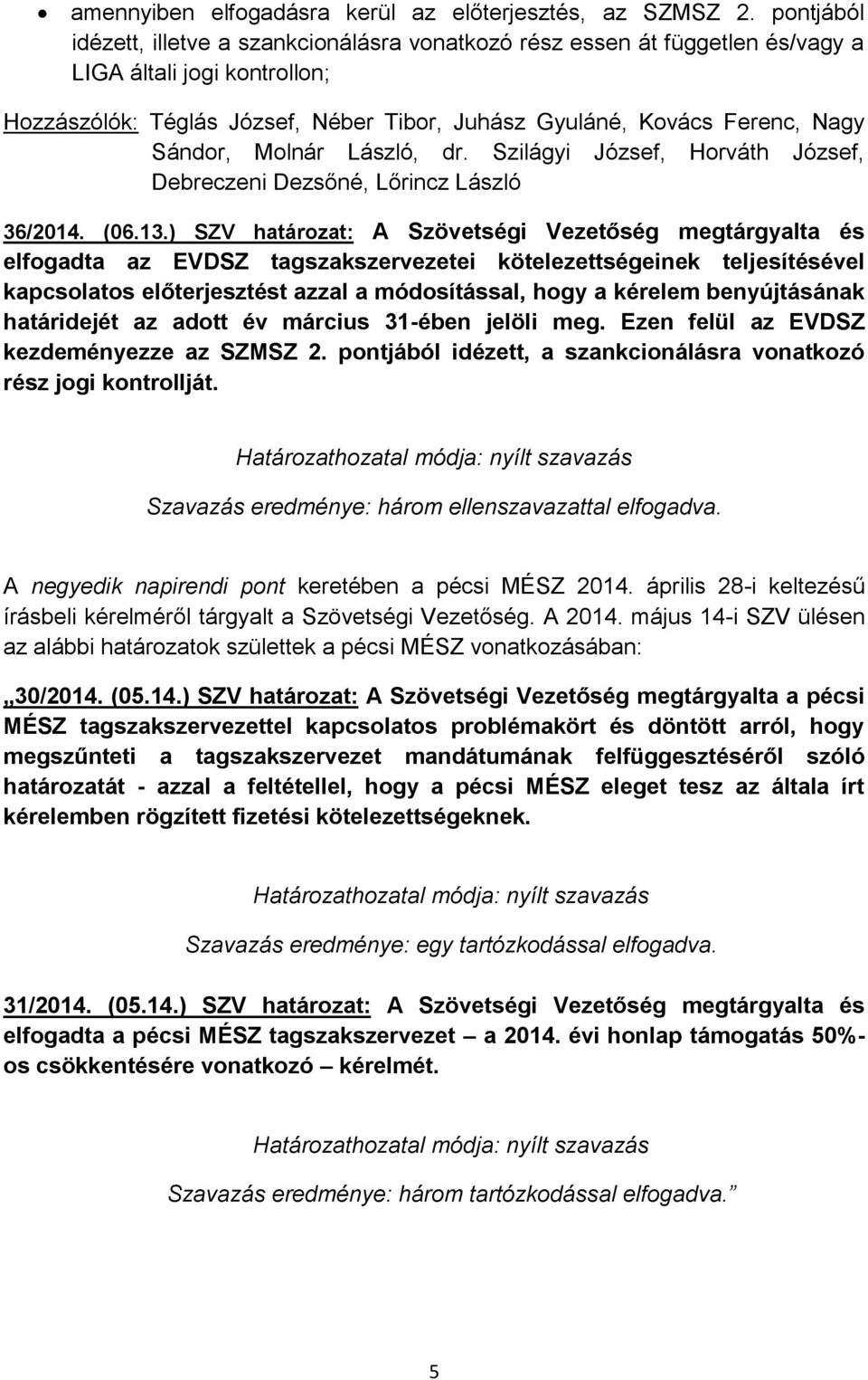 Sándor, Molnár László, dr. Szilágyi József, Horváth József, Debreczeni Dezsőné, Lőrincz László 36/2014. (06.13.