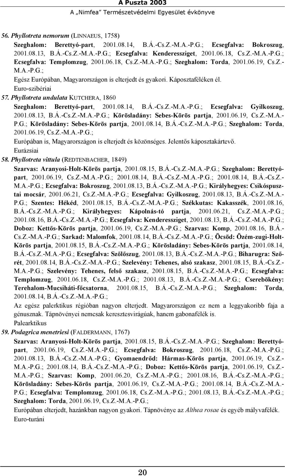 Káposztaféléken él. 57. Phyllotreta undulata KUTCHERA, 1860 Szeghalom: Berettyó-part, 2001.08.14, B.Á.-Cs.Z.-M.A.-P.G.; Ecsegfalva: Gyilkoszug, 2001.08.13, B.Á.-Cs.Z.-M.A.-P.G.; Körösladány: Sebes-Körös partja, 2001.