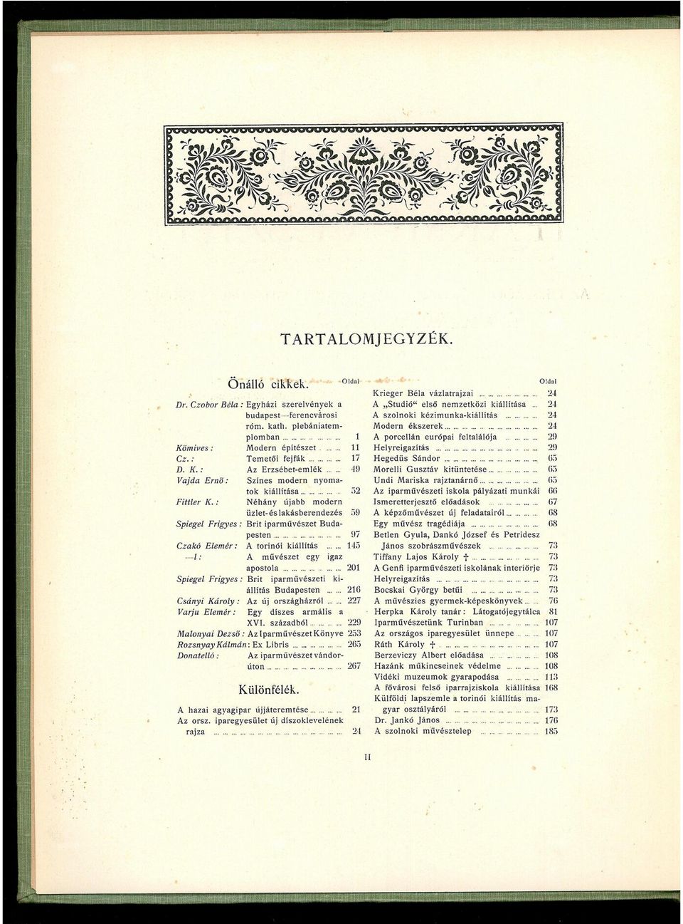 : Néhány újabb modern üzlet-és lakásberendezés 59 Spiegel Frigyes : Brit iparművészet Budapesten ÍI7 Czakó Elemér: A torinói kiállítás 145 l: A művészet egy igaz apostola 201 Spiegel Frigyes: Brit