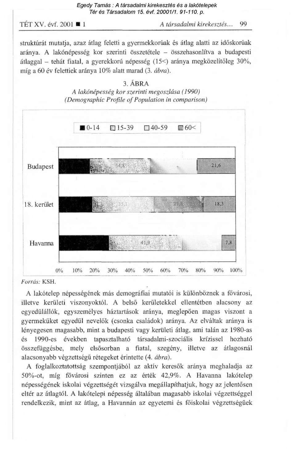 ábra). 3. ÁBRA A lakónépesség kor szerinti megoszlása (1990) (Demographic Profile of Population in comparison) 0-14 0 15-39 0 40-59 60< Budapest 18. kerület Havanna Forrás: KSH.
