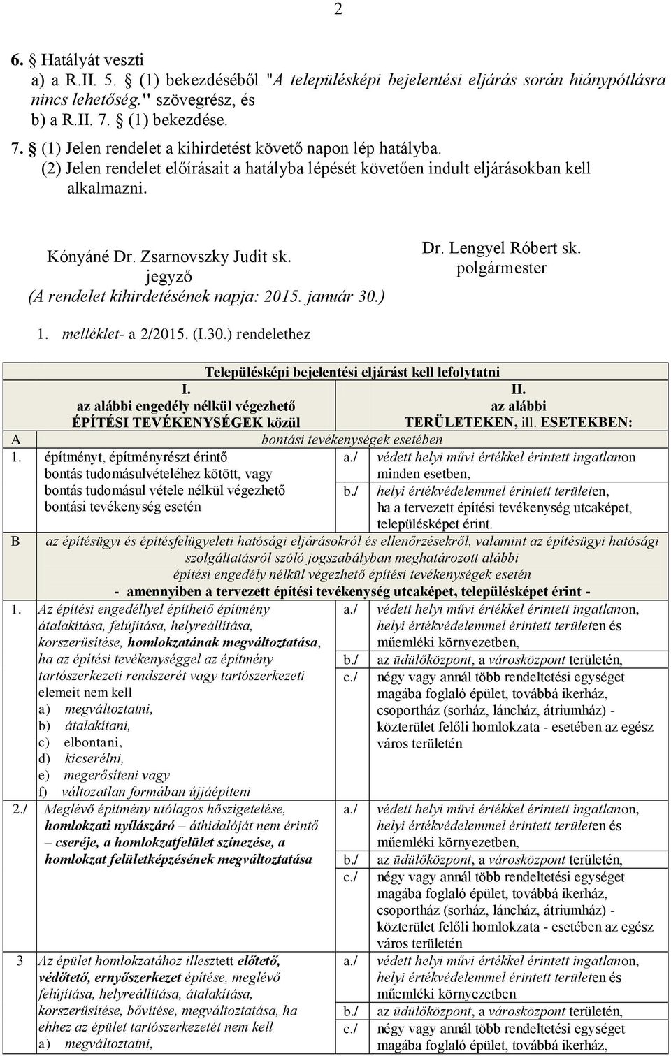 Zsarnovszky Judit sk. jegyző (A rendelet kihirdetésének napja: 2015. január 30.) Dr. Lengyel Róbert sk. polgármester 1. melléklet- a 2/2015. (I.30.) rendelethez I.