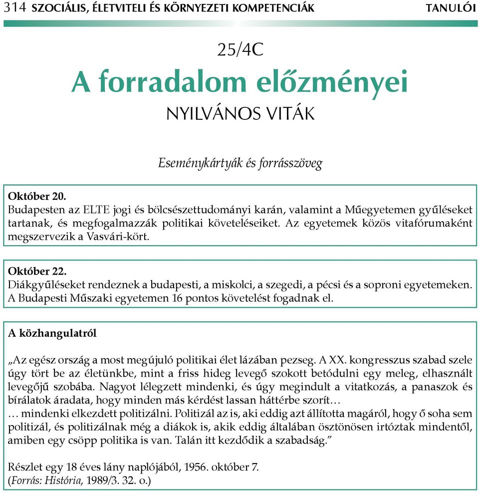 Az egyetemek közös vitafórumaként megszervezik a Vasvári-kört. Október 22. Diákgyűléseket rendeznek a budapesti, a miskolci, a szegedi, a pécsi és a soproni egyetemeken.