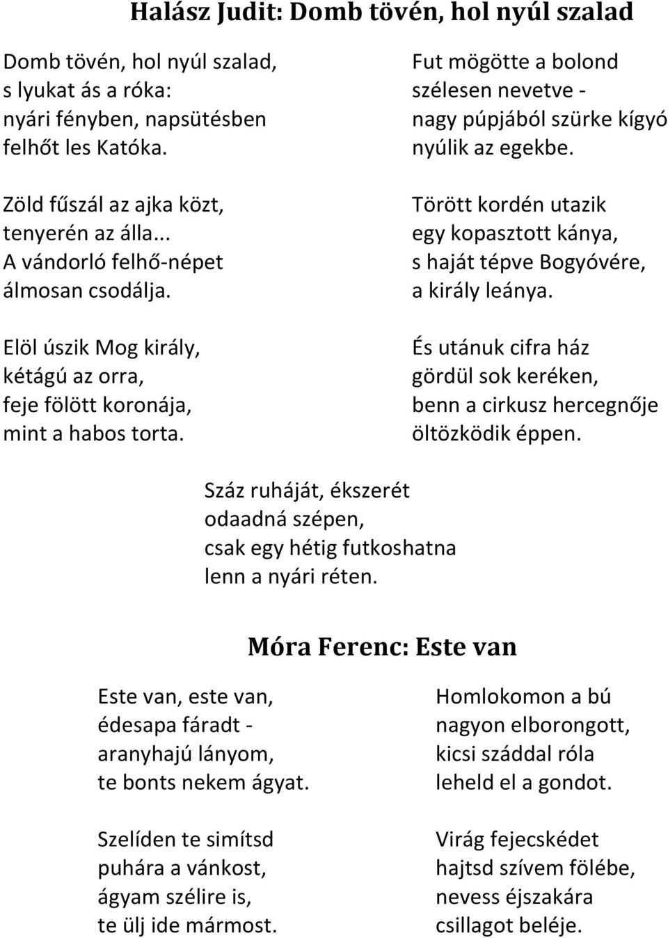 Fut mögötte a bolond szélesen nevetve - nagy púpjából szürke kígyó nyúlik az egekbe. Törött kordén utazik egy kopasztott kánya, s haját tépve Bogyóvére, a király leánya.