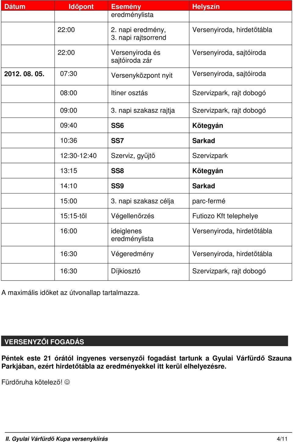 napi szakasz rajtja Szervizpark, rajt dobogó 09:40 SS6 Kötegyán 10:36 SS7 Sarkad 12:30-12:40 Szerviz, gyűjtő Szervizpark 13:15 SS8 Kötegyán 14:10 SS9 Sarkad 15:00 3.