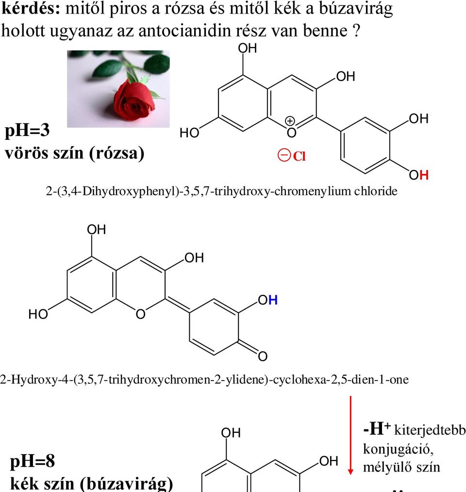 p=3 vörös szín (rózsa) 2-(3,4-Dihydroxyphenyl)-3,5,7-trihydroxy-chromenylium