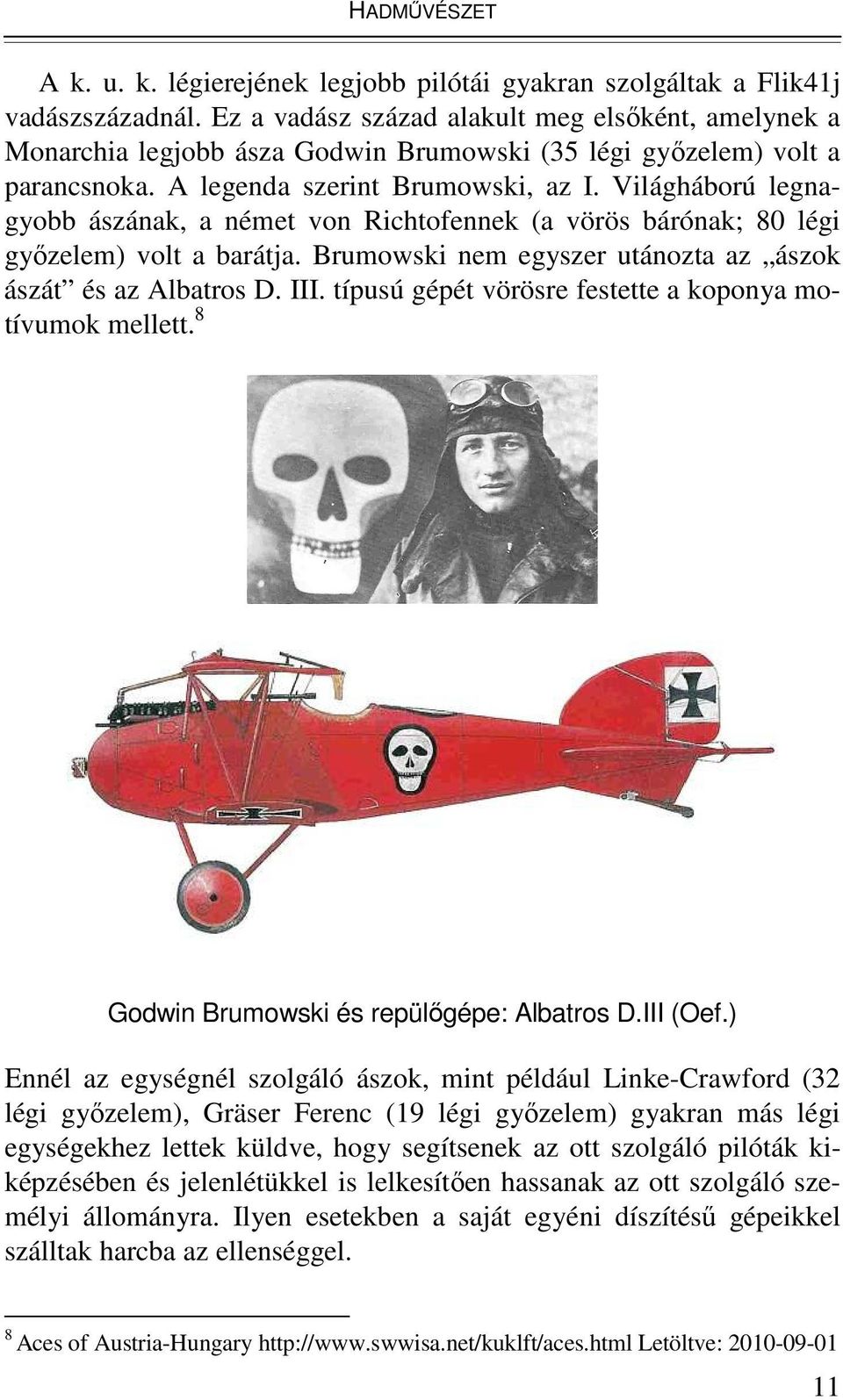 Világháború legnagyobb ászának, a német von Richtofennek (a vörös bárónak; 80 légi gyızelem) volt a barátja. Brumowski nem egyszer utánozta az ászok ászát és az Albatros D. III.