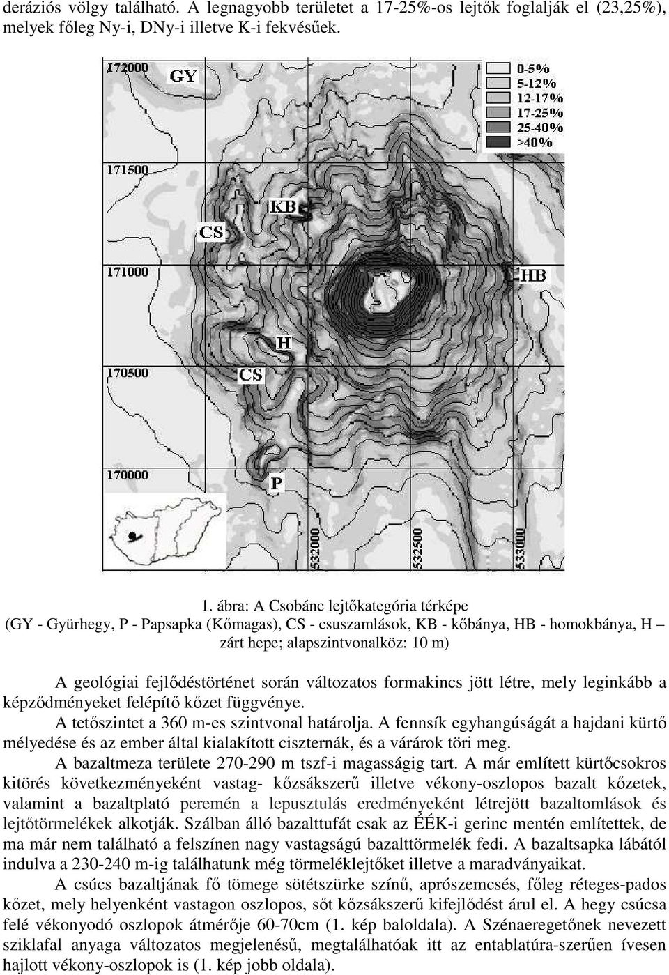 ábra: A Csobánc lejtőkategória térképe (GY - Gyürhegy, P - Papsapka (Kőmagas), CS - csuszamlások, KB - kőbánya, HB - homokbánya, H zárt hepe; alapszintvonalköz: 10 m) A geológiai fejlődéstörténet