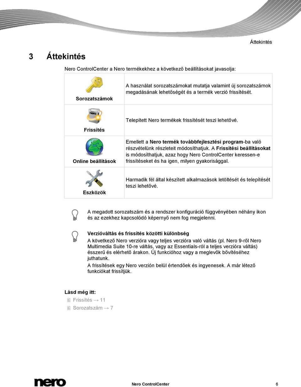 Frissítés Online beállítások Emellett a Nero termék továbbfejlesztési program-ba való részvételünk részleteit módosíthatjuk.