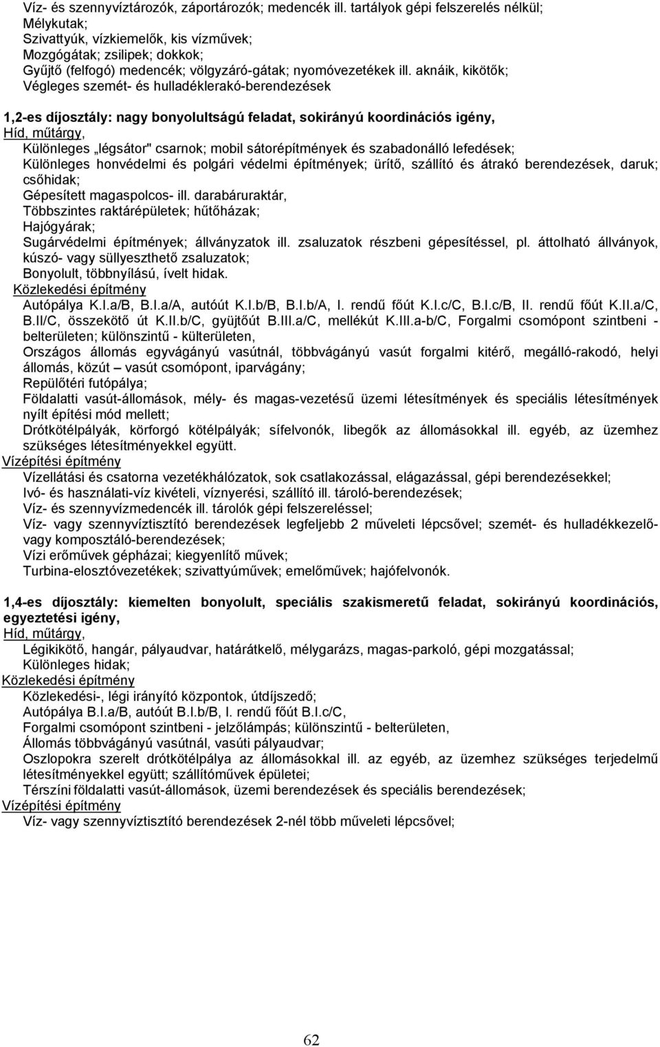 aknáik, kikötők; Végleges szemét- és hulladéklerakó-berendezések 1,2-es díjosztály: nagy bonyolultságú feladat, sokirányú koordinációs igény, Híd, műtárgy, Különleges légsátor" csarnok; mobil