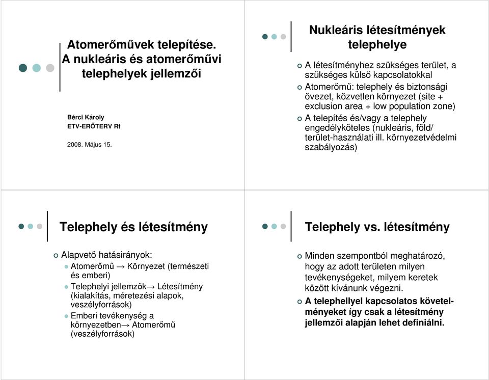 population zone) A telepítés és/vagy a telephely engedélyköteles (nukleáris, föld/ terület-használati ill. környezetvédelmi szabályozás) Telephely és létesítmény Telephely vs.