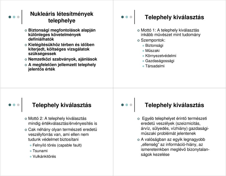 Gazdaságossági Társadalmi Telephely kiválasztás Telephely kiválasztás Mottó 2: A telephely kiválasztás mindig értékválasztás/érvényesítés is Cak néhány olyan természeti eredető veszélyforrás van, ami