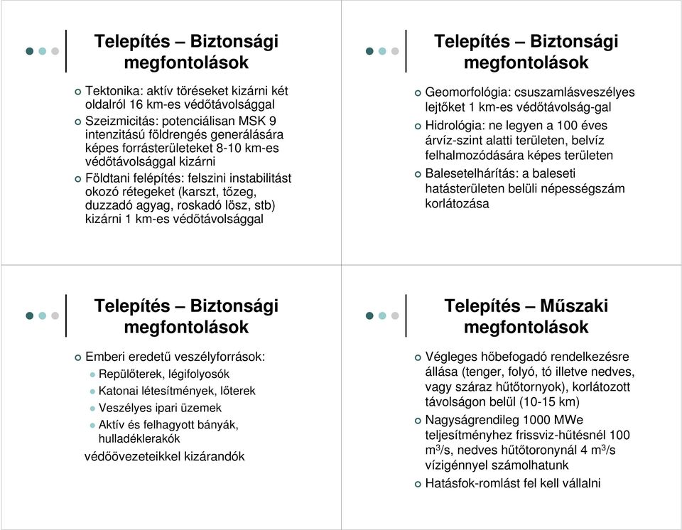 Geomorfológia: csuszamlásveszélyes lejtıket 1 km-es védıtávolság-gal Hidrológia: ne legyen a 100 éves árvíz-szint alatti területen, belvíz felhalmozódására képes területen Balesetelhárítás: a