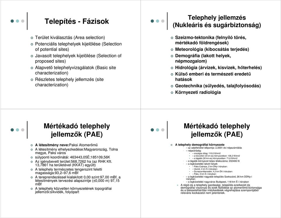 földrengések) Meteorológia (kibocsátás terjedés) Demográfia (lakott helyek, népmozgalom) Hidrológia (árvizek, kisvizek, hıterhelés) Külsı emberi és természeti eredető hatások Geotechnika (sőlyedés,