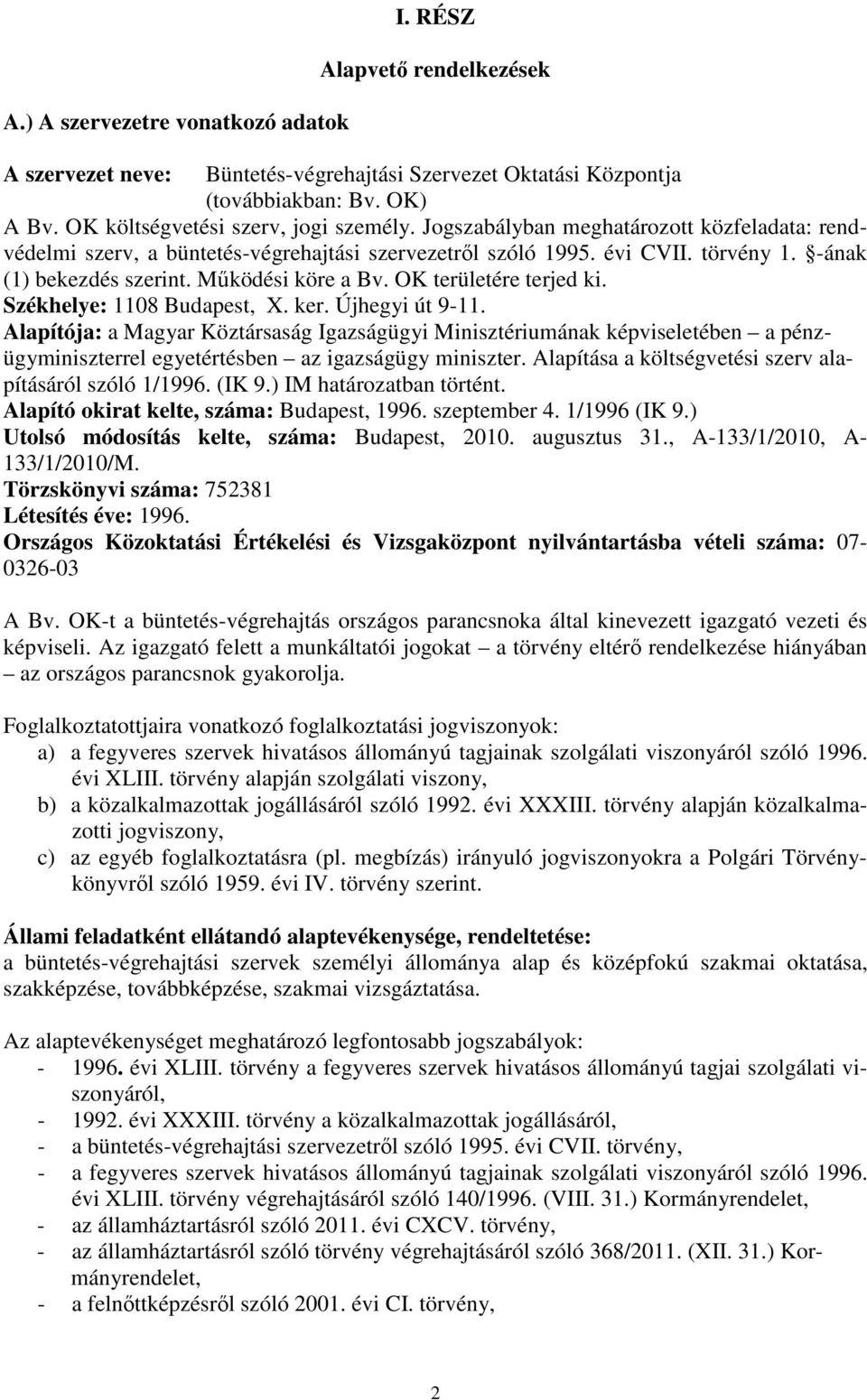 Működési köre a Bv. OK területére terjed ki. Székhelye: 1108 Budapest, X. ker. Újhegyi út 9-11.