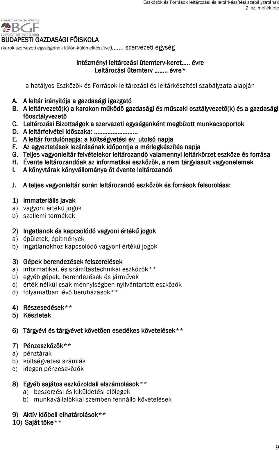 A leltárvezető(k) a karokon működő gazdasági és műszaki osztályvezető(k) és a gazdasági főosztályvezető C. Leltározási Bizottságok a szervezeti egységenként megbízott munkacsoportok D.